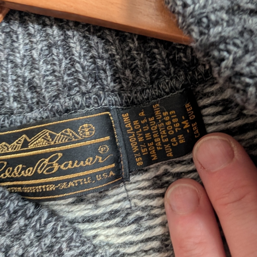 📼🐑Vintage Eddie Bauer Birds Eye Knit  Crewneck Henley Sweater - Medium - Picture 9 of 12